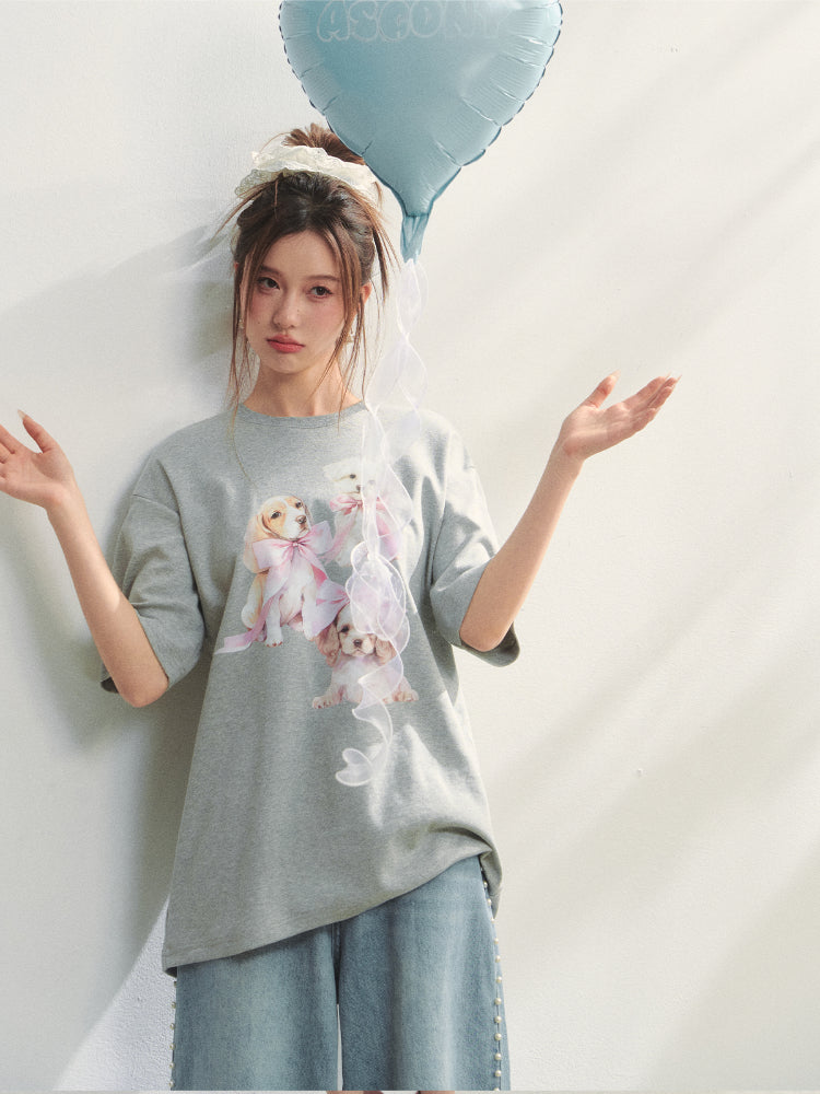 Bowknot Puppy Print Short-Sleeve T-Shirt - CHINASQUAD
