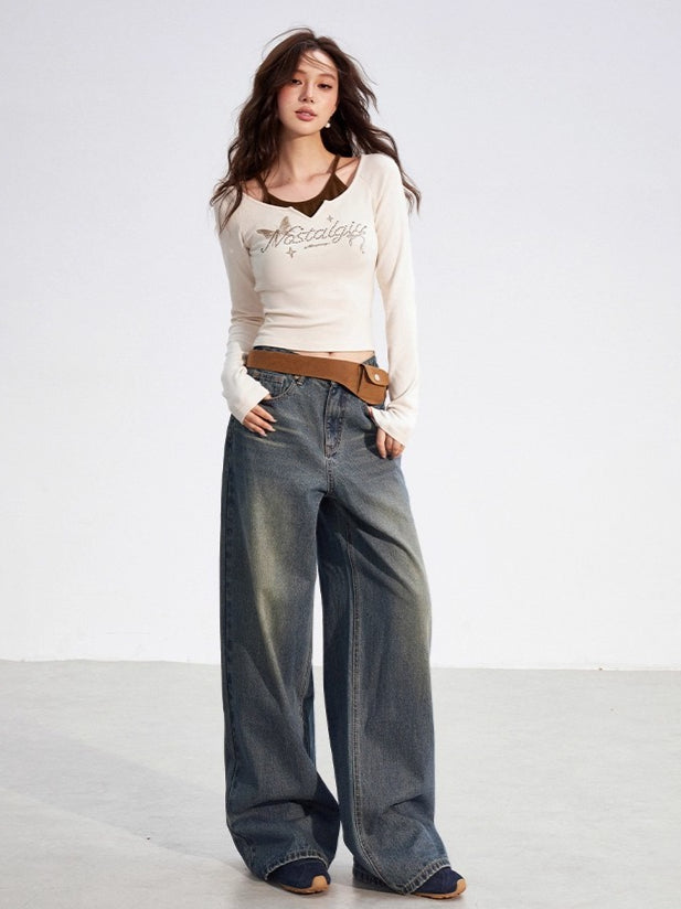 Leather-Patch Wide-Leg Cotton Jeans - CHINASQUAD