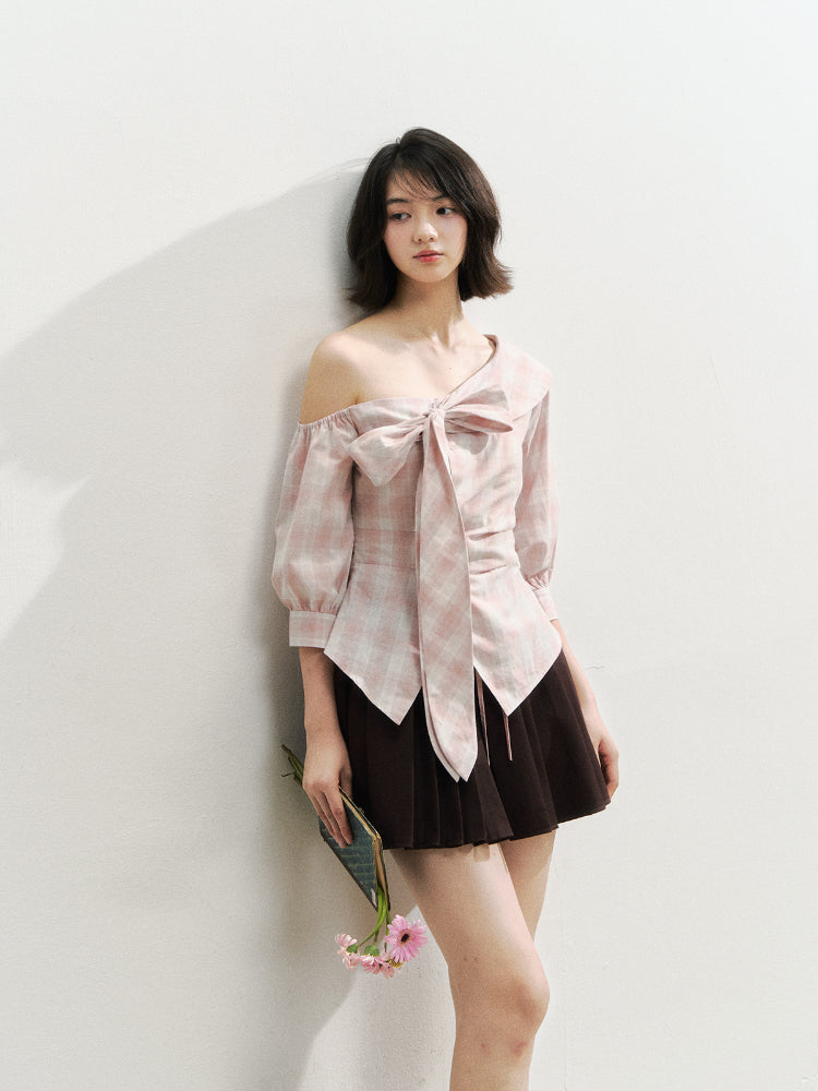 Checkered Bow One-Shoulder Asymmetric Waist-Cinching Shirt - CHINASQUAD