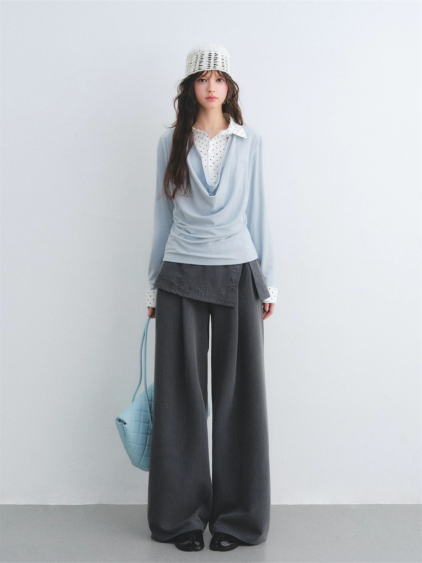 Polka Dot Shirt Panel Faux-Layer Draped Collar Top