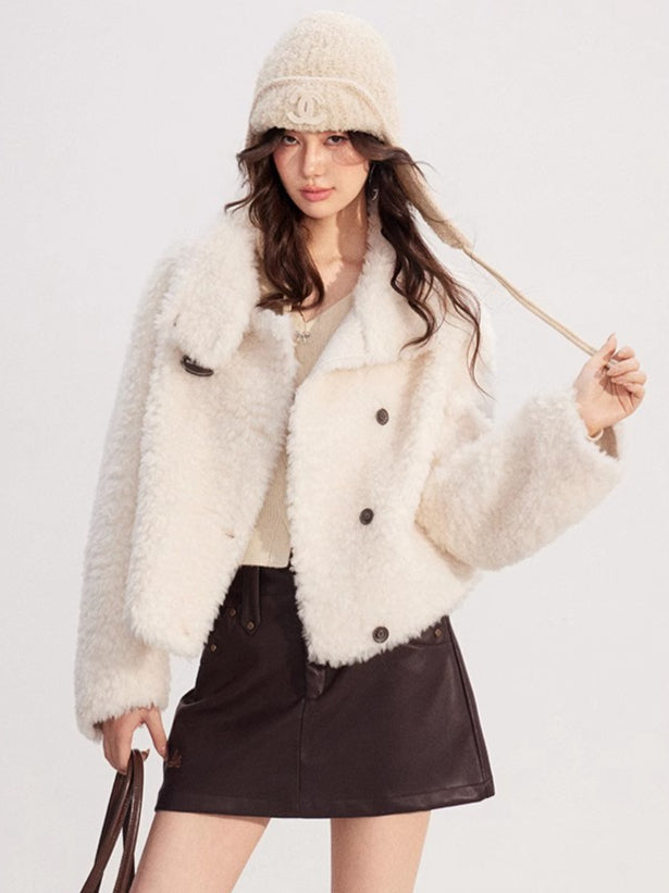 Shearling-Trim Stand-Collar Cropped Jacket