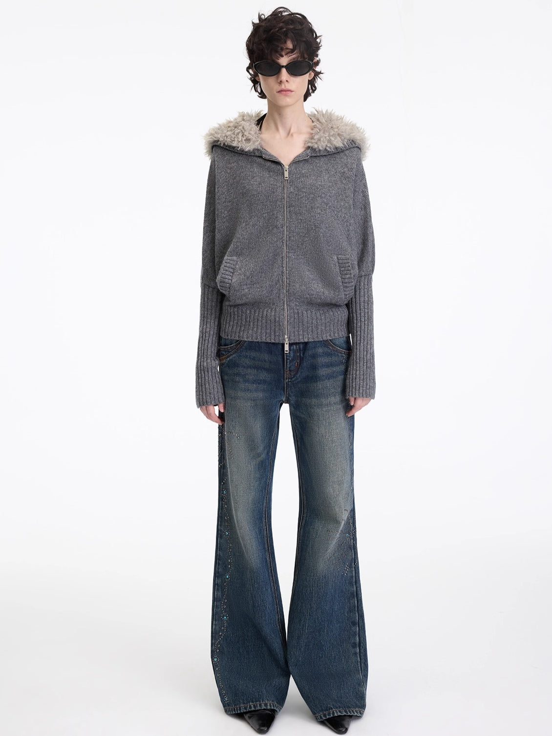 Wool-Blend Hooded Faux Fur Collar Knit Jacket