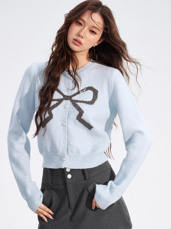 Bow Detail Cropped Knit Cardigan