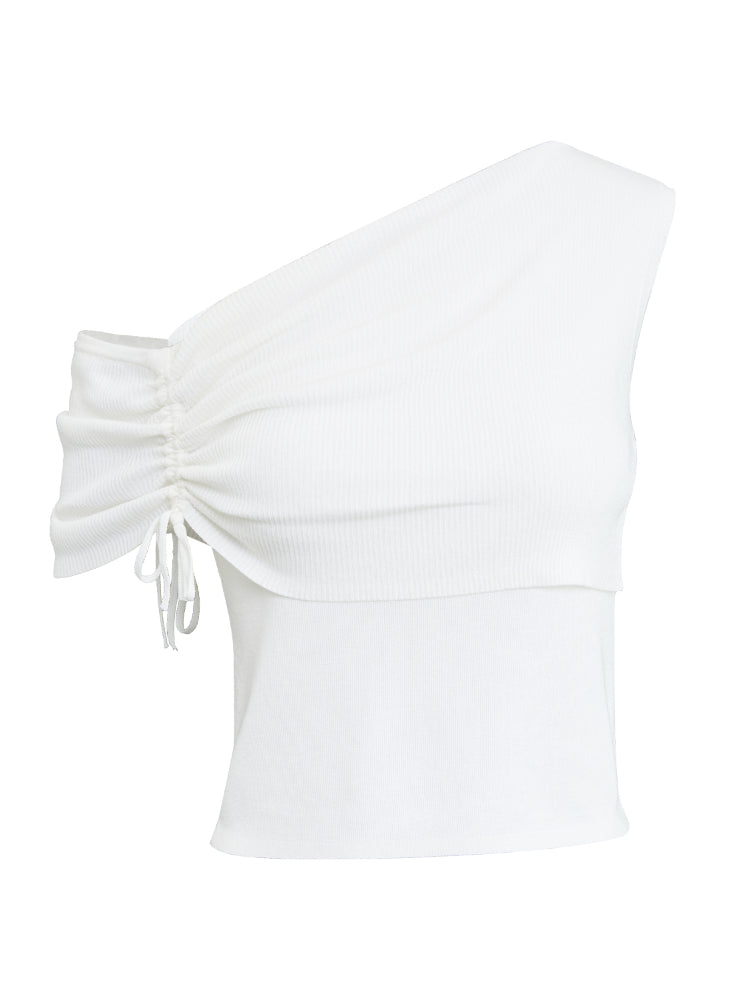 Asymmetric Drawstring Ruched One-Shoulder Blouse