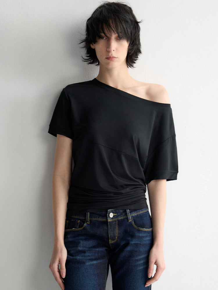 One-Shoulder Pleated Waist T-shirt - CHINASQUAD