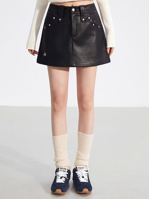 Studded A-Line Faux Leather Mini Skirt - CHINASQUAD
