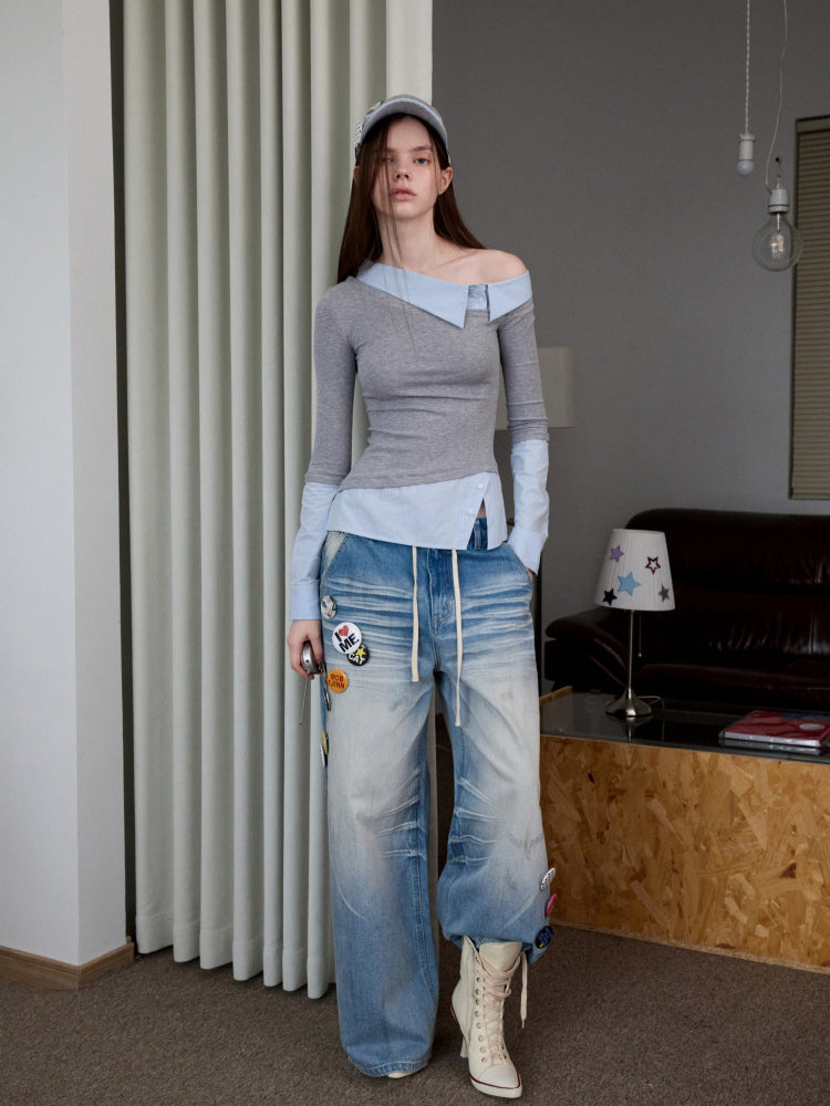 Asymmetric Collar Fake Two-Piece Fitted Blouse - CHINASQUAD