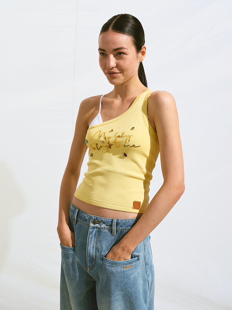 Off-Shoulder Handmade Color Rhinestone Knitted Cami - CHINASQUAD