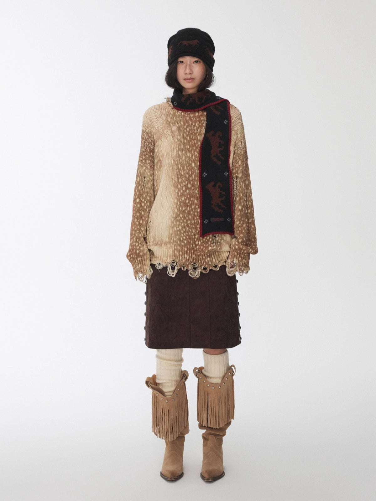 Vintage Deer Print Distressed Knit Sweater