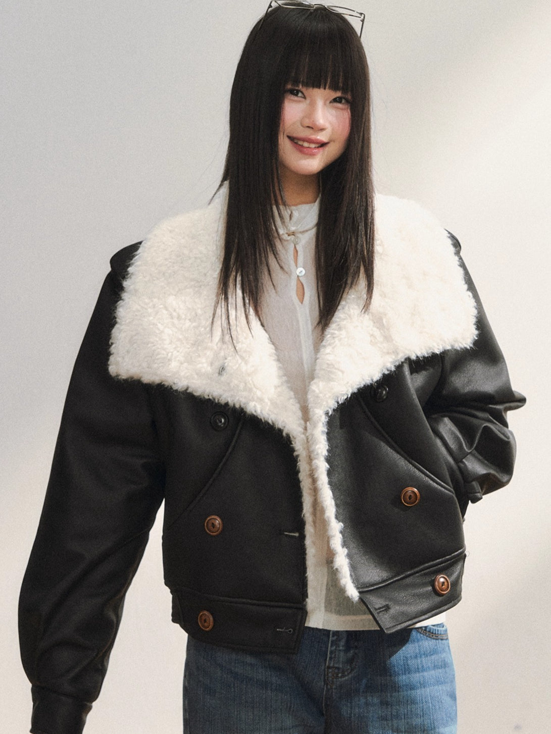 Black Faux Shearling Double-Breasted Leather Jacket