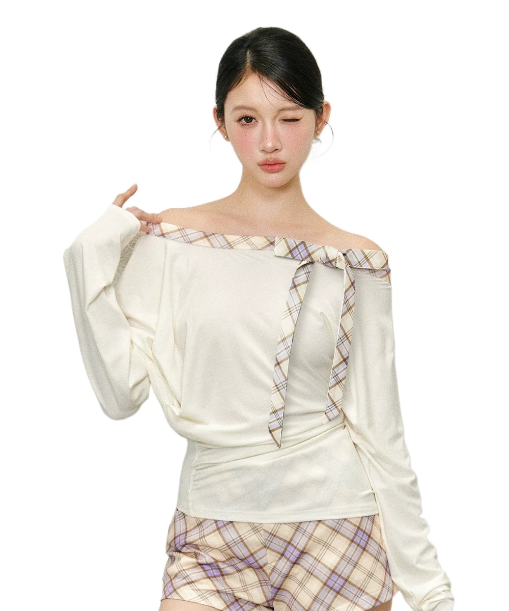 Plaid Color-Blocked Off-Shoulder Long Sleeve & Skirt Set - CHINASQUAD