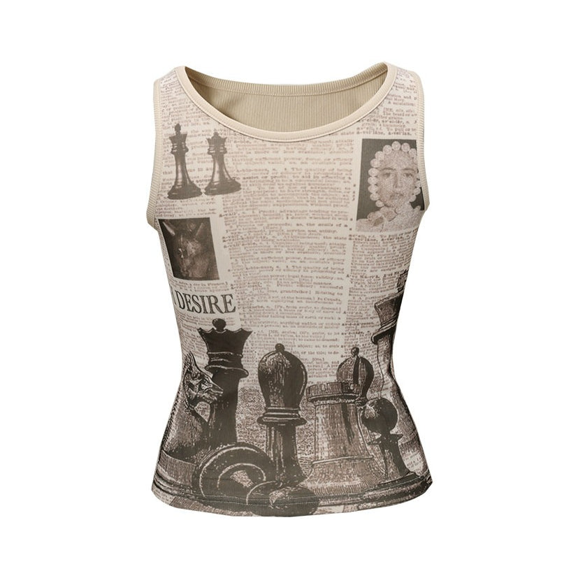 Reversible Newspaper Print Lace Panel Tank Top