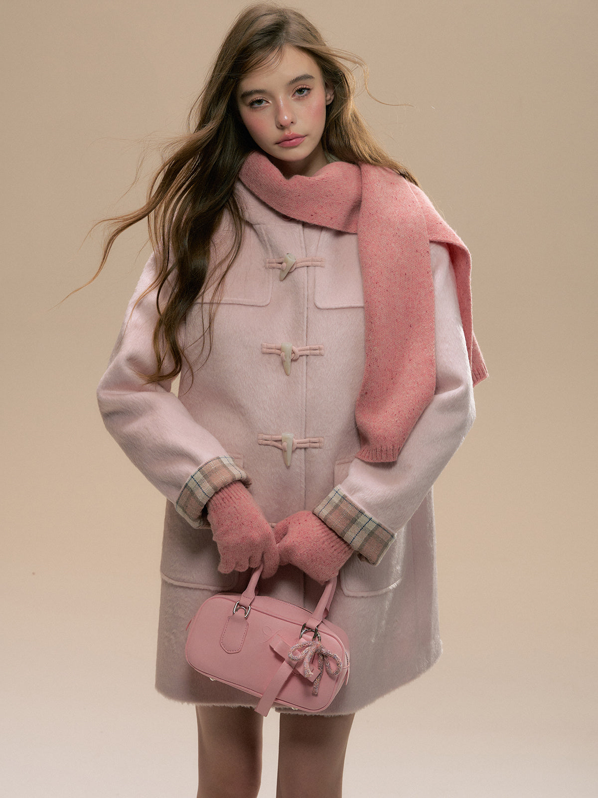 (Final Sale) Pink Plaid Horn-buttoned Coat - CHINASQUAD