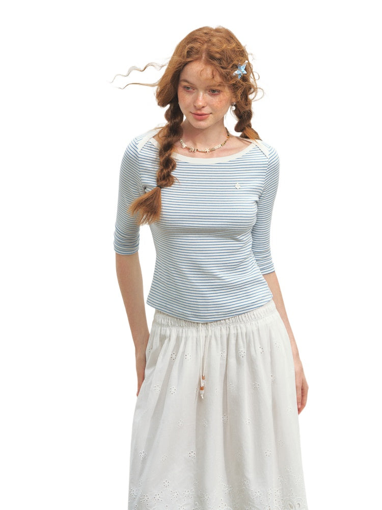 Envelope Neck Mid-sleeve Striped T-Shirt - CHINASQUAD