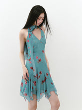 Blue Halter Printed Dress - CHINASQUAD