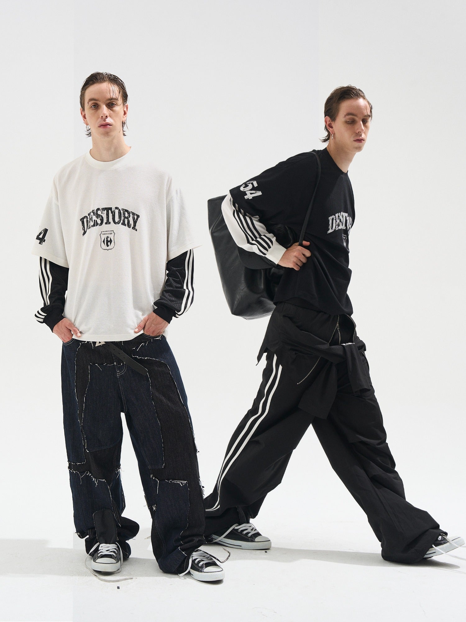 Faded Print Layered-Effect Patchwork Long Sleeve T-Shirt - CHINASQUAD