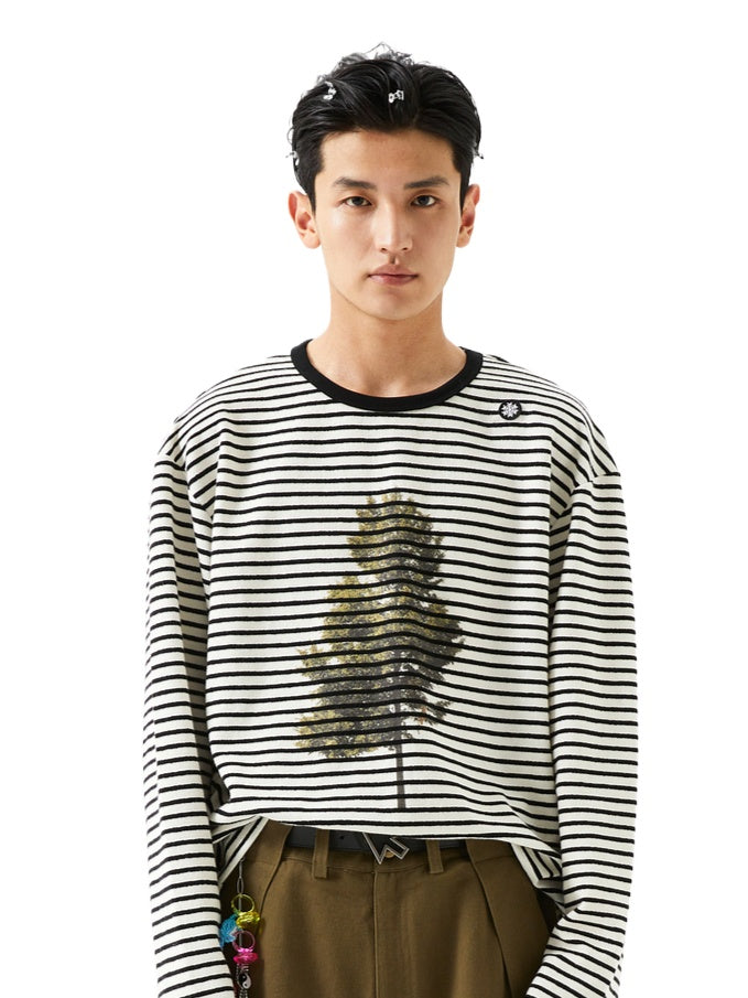 Printed Loose Striped Terry Long-Sleeve T-Shirt - CHINASQUAD