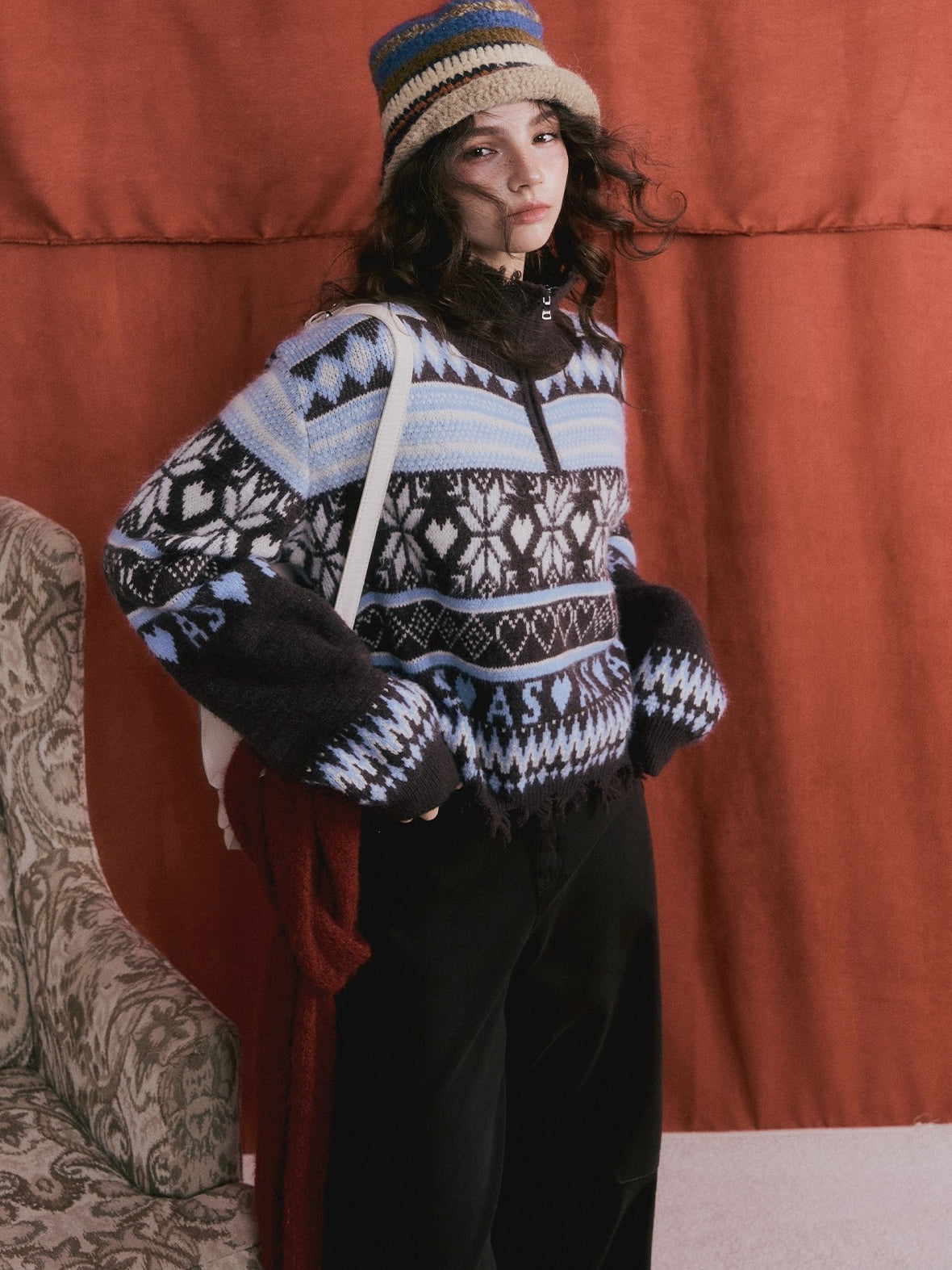 Vintage Fair Isle Half-Zip Fringe Hem Sweater