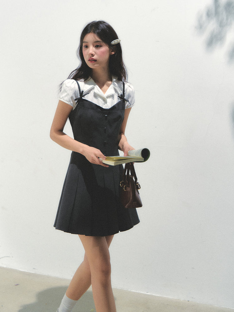 Academy Style Fake Two-piece Pleated Dress - CHINASQUAD