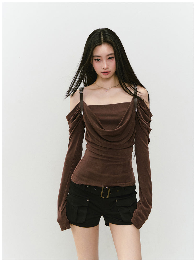Draped Neck Leather Strap Acetate One-shoulder T-shirt - CHINASQUAD