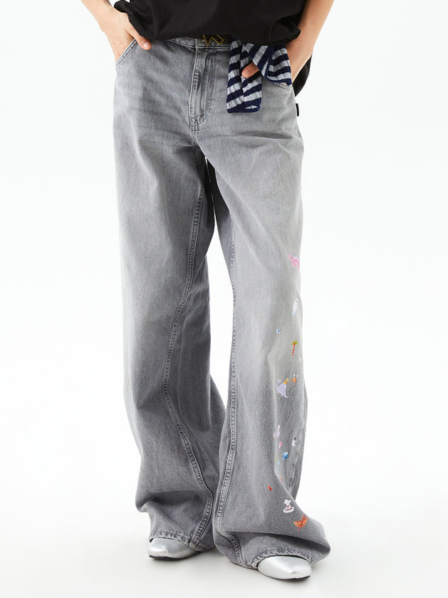 Vintage Washed Light Gray Denim Jeans - CHINASQUAD