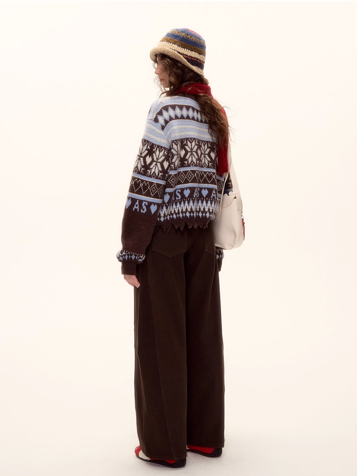 Red Belt Decor Curved-Hem Denim Wide-Leg Jeans