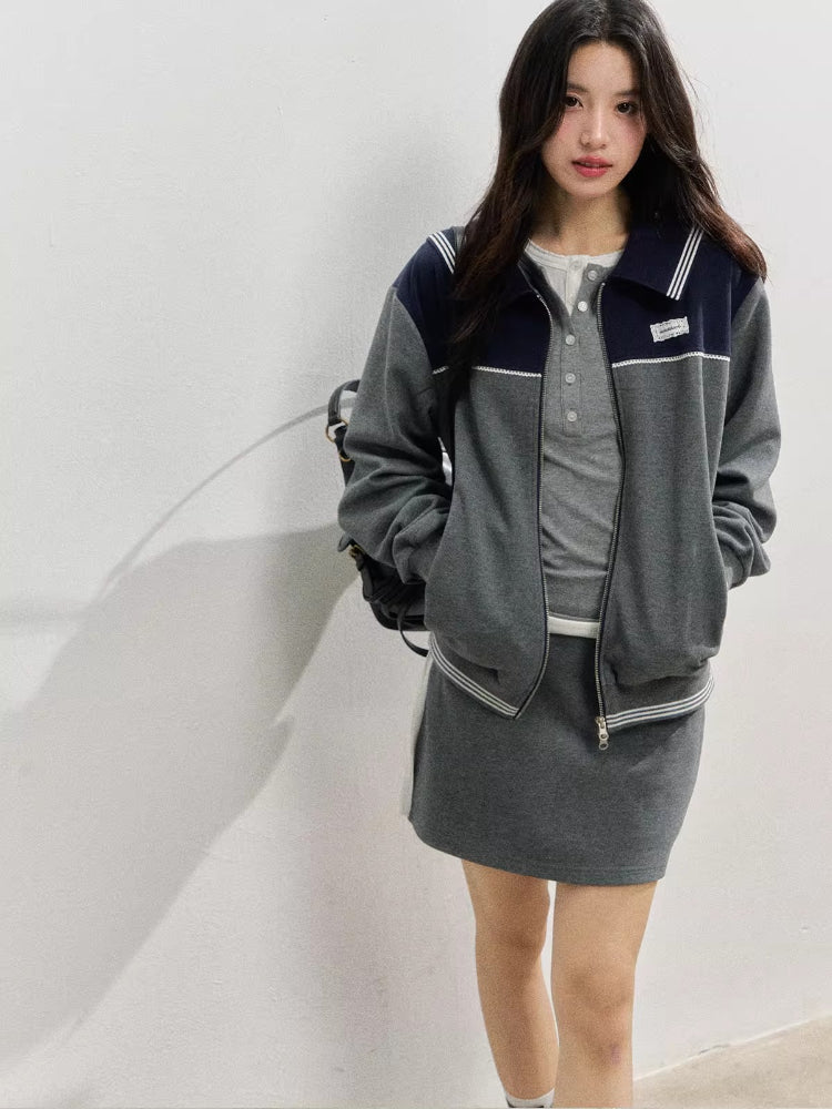 Sporty Miu-Style Color-Block Preppy Jacket & Skirt Set