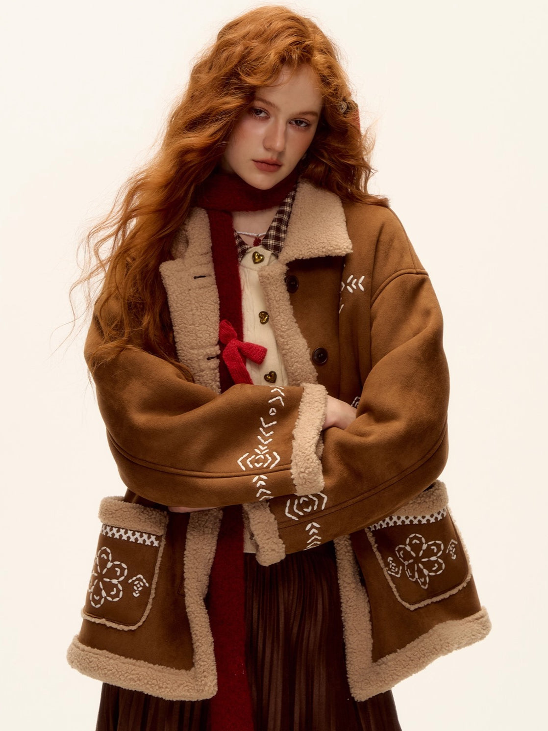 Heavy Embroidered Faux Shearling Suede Jacket
