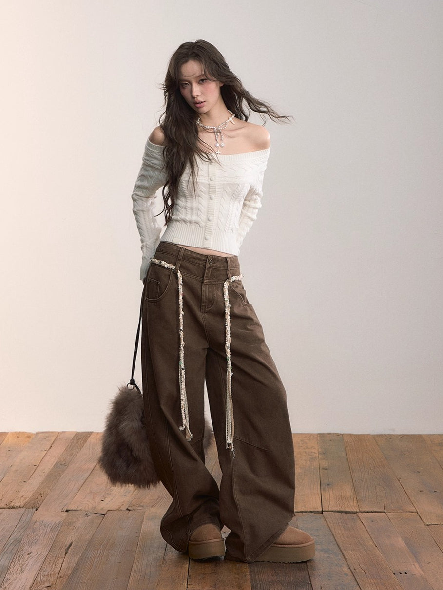 Off-Shoulder Cable Knit Cardigan - CHINASQUAD