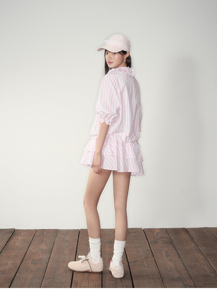 Pink Striped Relaxed Ruffle Dress - CHINASQUAD
