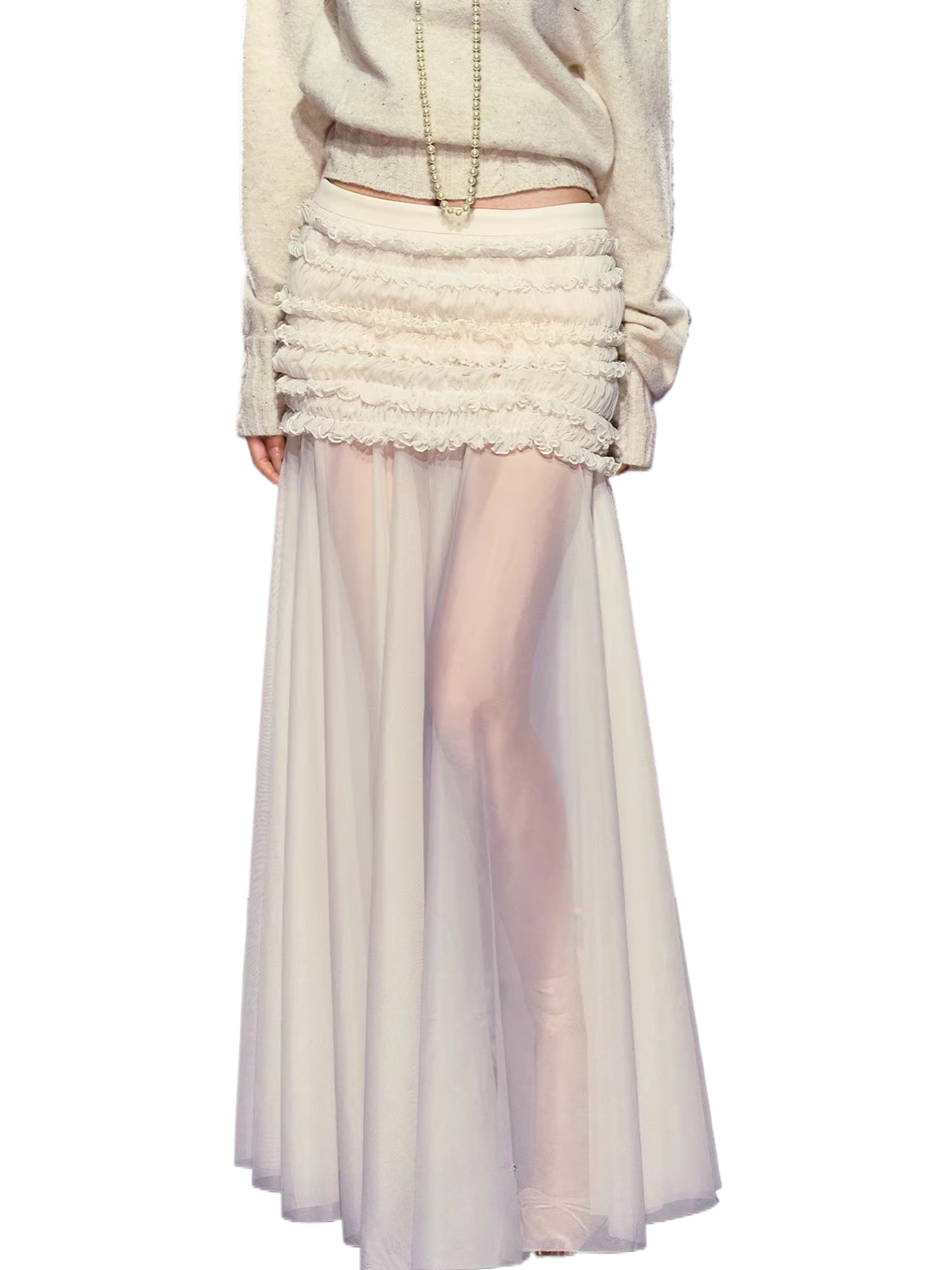 Ruched Semi-Sheer Mesh Maxi Skirt