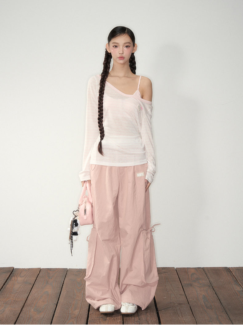 Pink & White Parachute Wide-Leg Pants - CHINASQUAD
