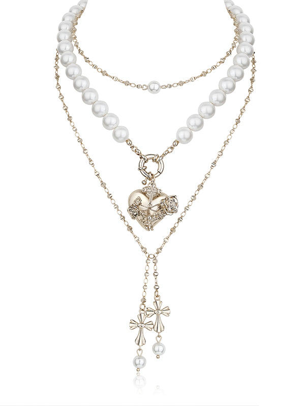 Layered Punk Heart Pearl Cross Long Necklace - CHINASQUAD