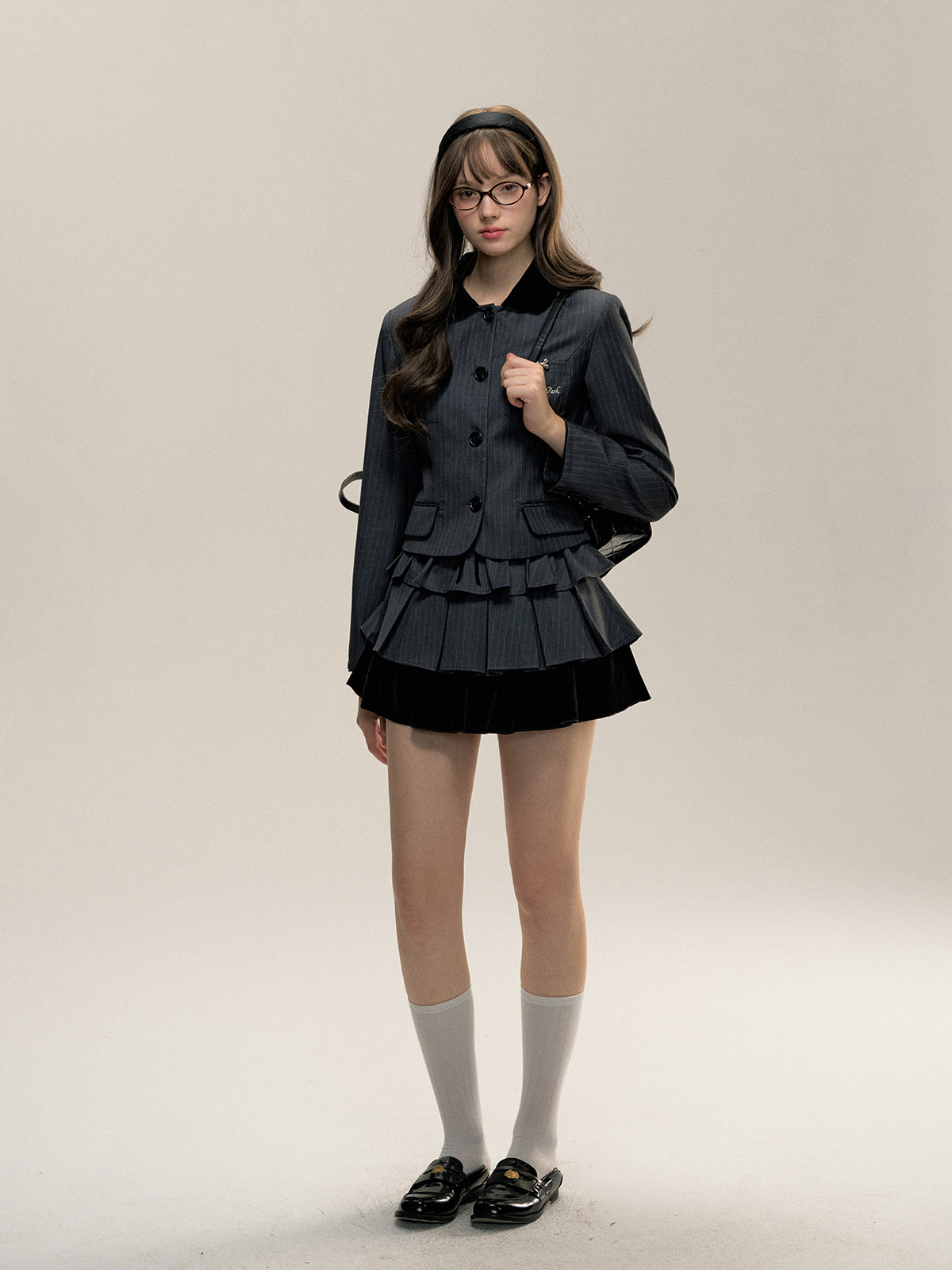 Gray Collar Patchwork Striped Blazer - CHINASQUAD