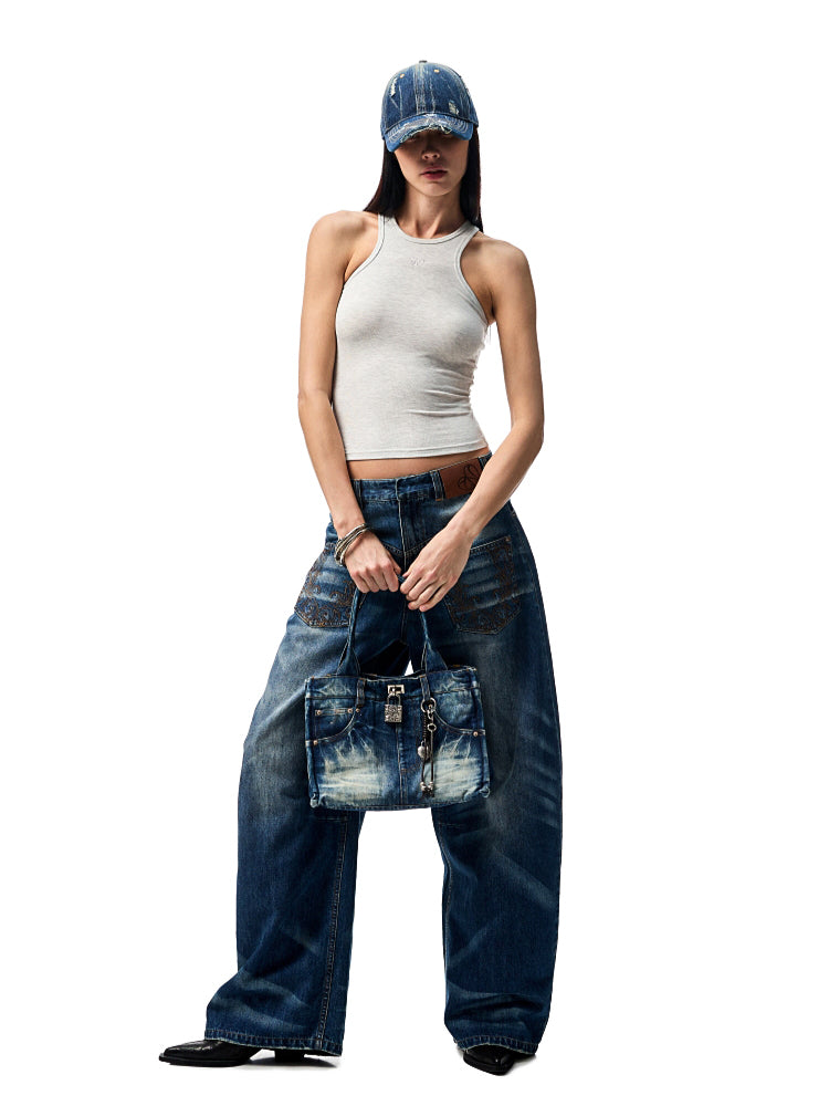Distressed Printed Denim Tote Bag - CHINASQUAD