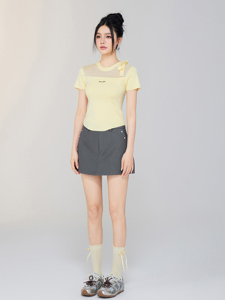 Hollow-out Tie-up Knit Round Neck Short Sleeve Top - CHINASQUAD