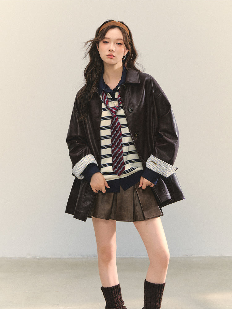 Black H-shaped Cuff Checkered Spliced Leather Jacket - CHINASQUAD