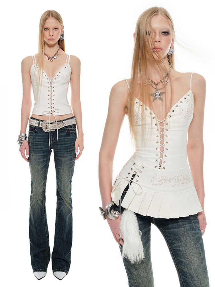 Black & White Hollow-out Lace-up Camisole - CHINASQUAD