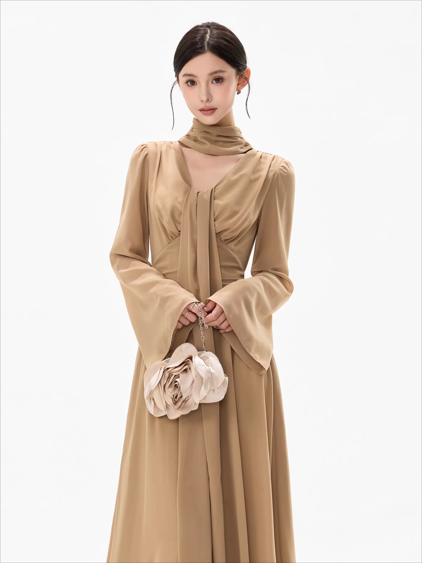 French Ribbon-Tie V-Neck Chiffon Maxi Dress