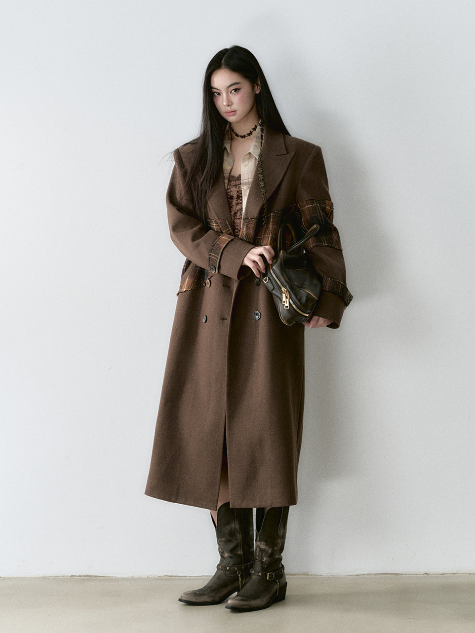 Wool Blend Plaid Patchwork French Coat - CHINASQUAD