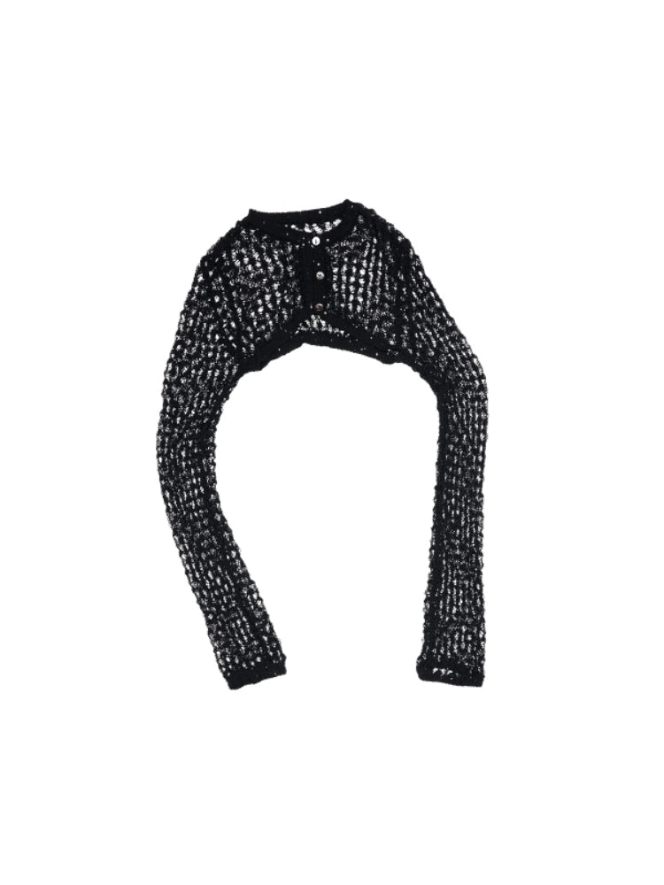Hollow-Out Knitted Cropped Long-Sleeve Cover-Up - CHINASQUAD