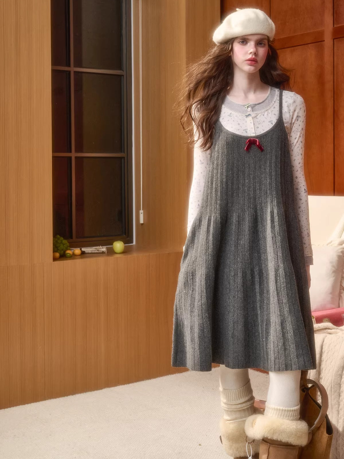 Wool Blend Pleated Knit Midi Dress