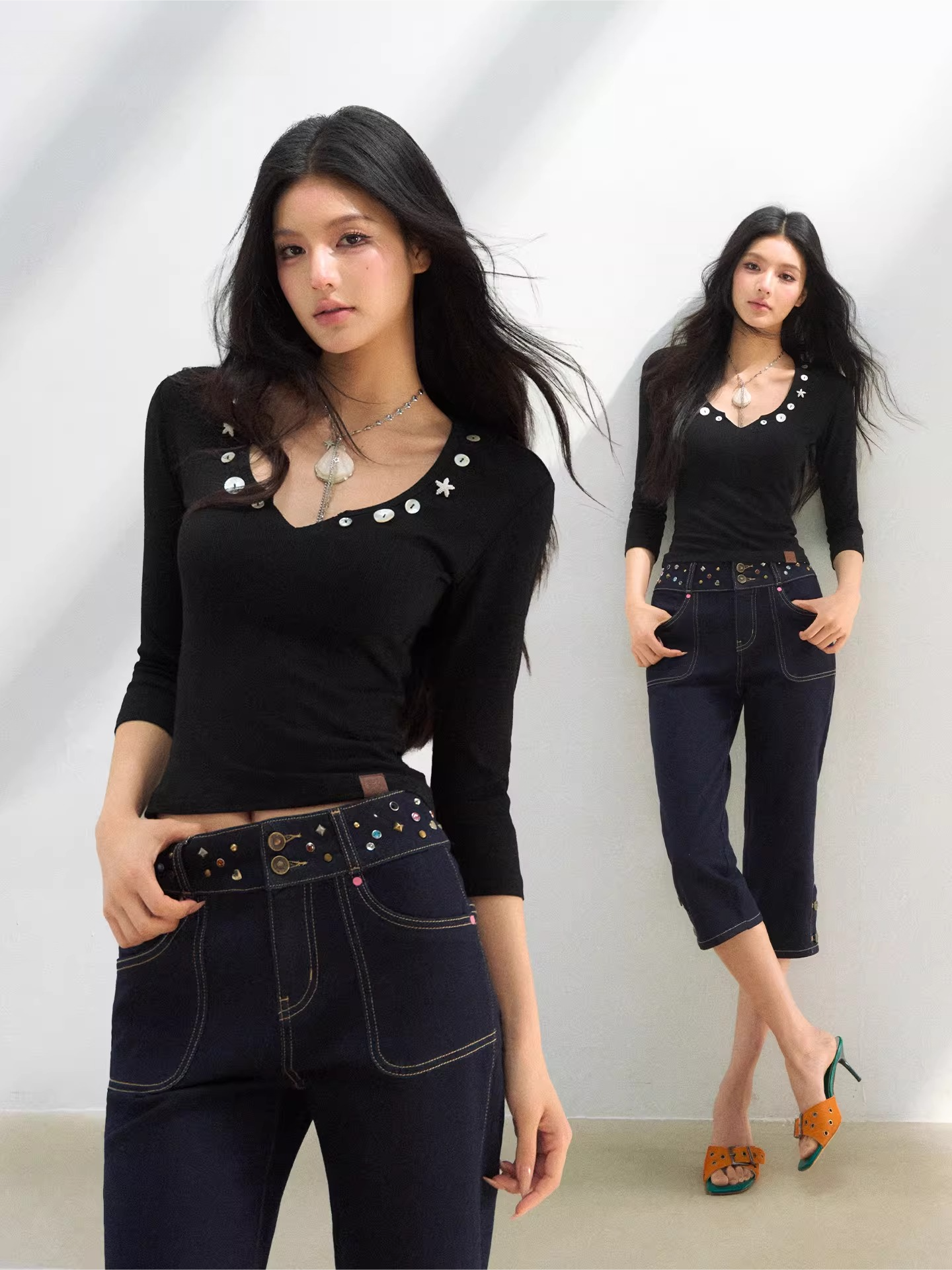 Studded V-Neck Cropped Knit T-Shirts