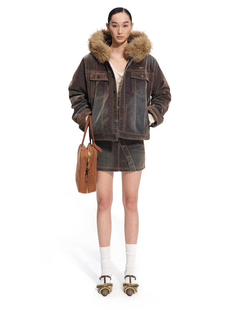Ross Oversized Washed Eco Fox Fur Collar Denim Jacket