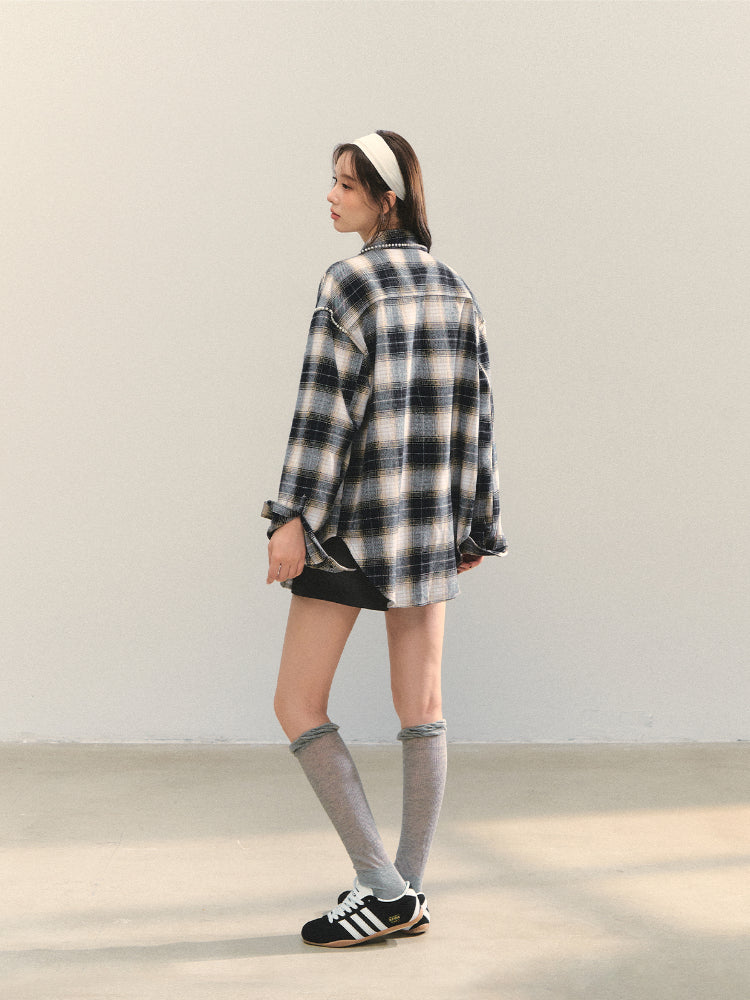 Pearl-Trimmed Polo-Neck Checkered Shirt - CHINASQUAD