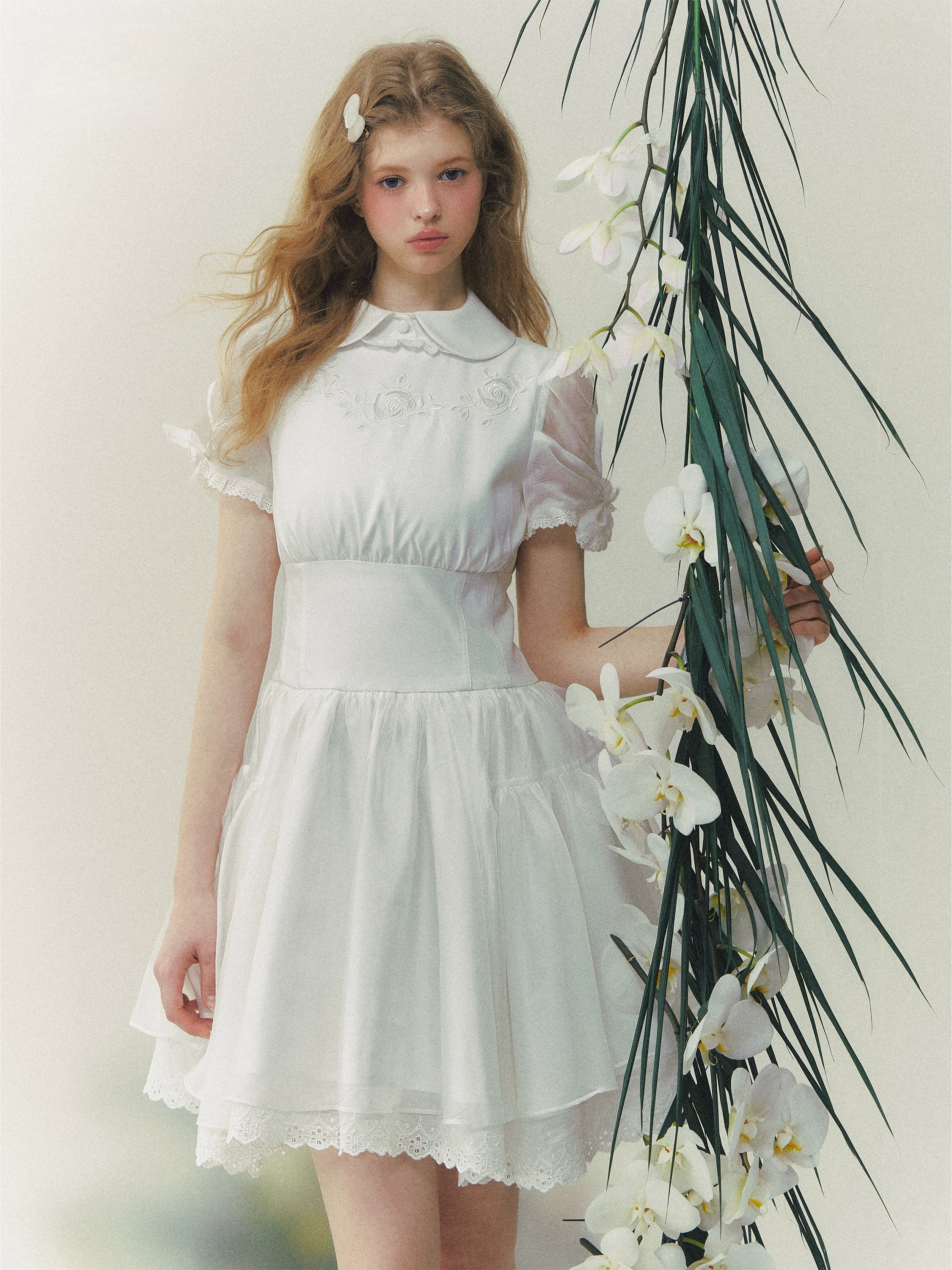 White Rose Embroidered Princess Dress