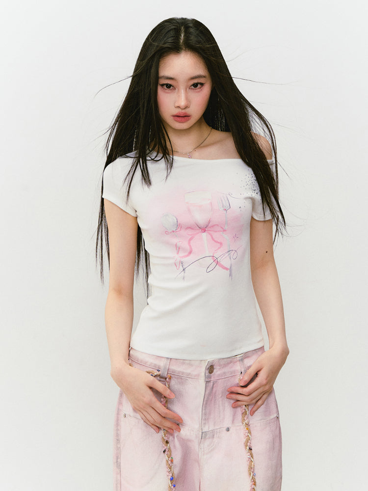 Printed Rhinestone Asymmetric Shoulder T-shirt - CHINASQUAD
