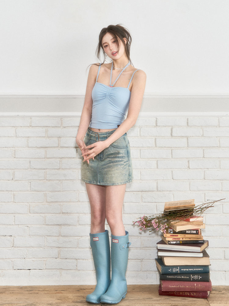 Belted Rhinestone Denim Skirt - CHINASQUAD