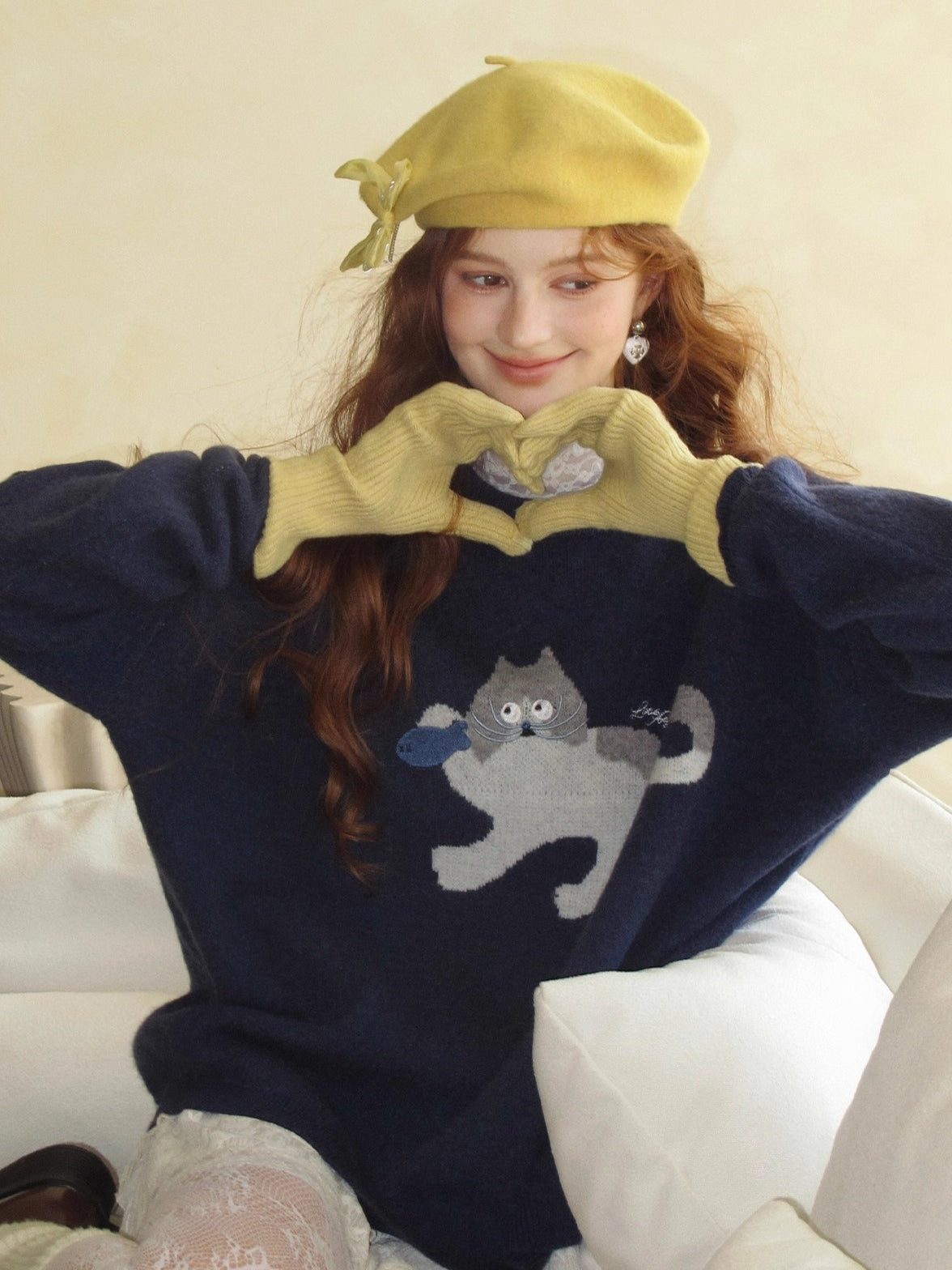Cat Jacquard Embroidered Knit Sweater