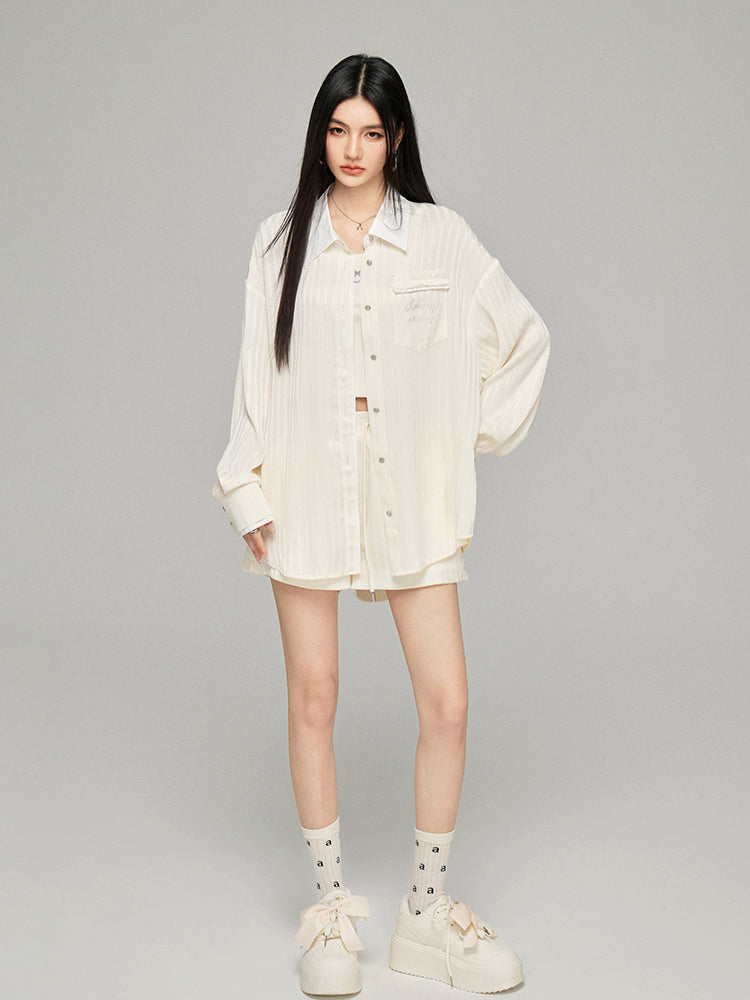 Color-block Shiny Silk Shirt & Shorts Set